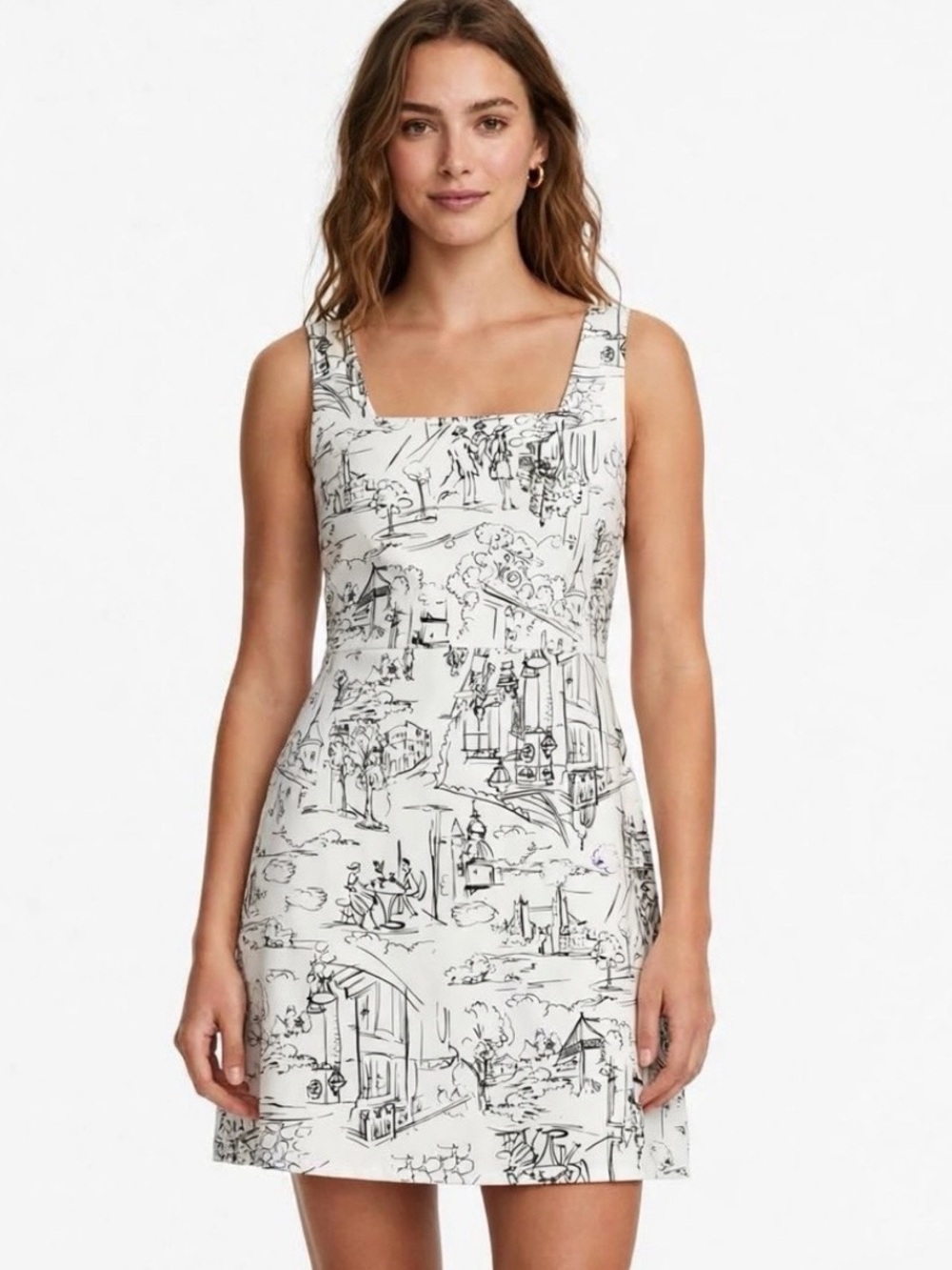 STELLA & JULIE Black White Toile Print Sleeveless Square Neck Mini Dress Sz 12
